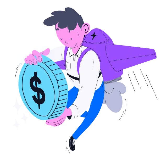 Illustration of a person flying with a rocket backpack while holding a giant coin.