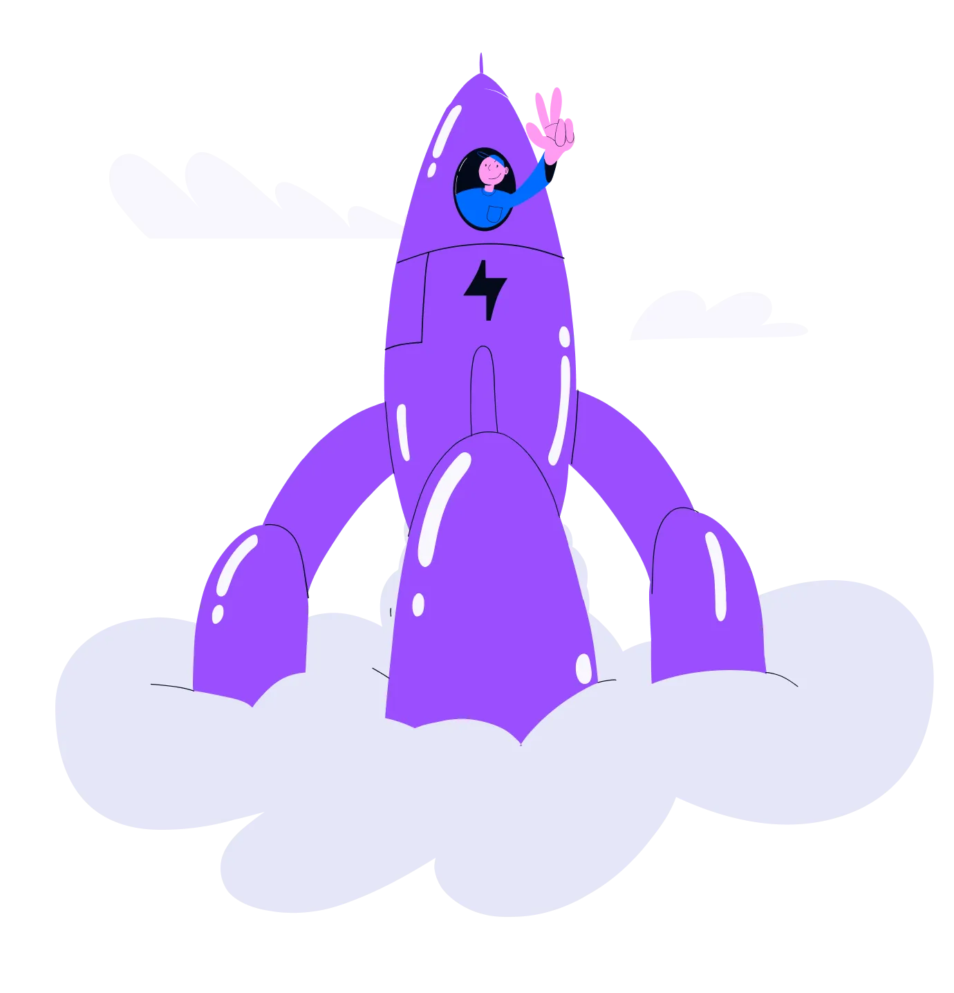 Illustration of a person aboard a rocket with a Bolt Icon on it.