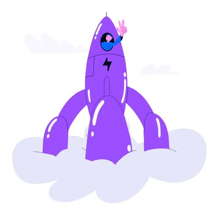 Illustration of a person aboard a rocket with a Bolt Icon on it.