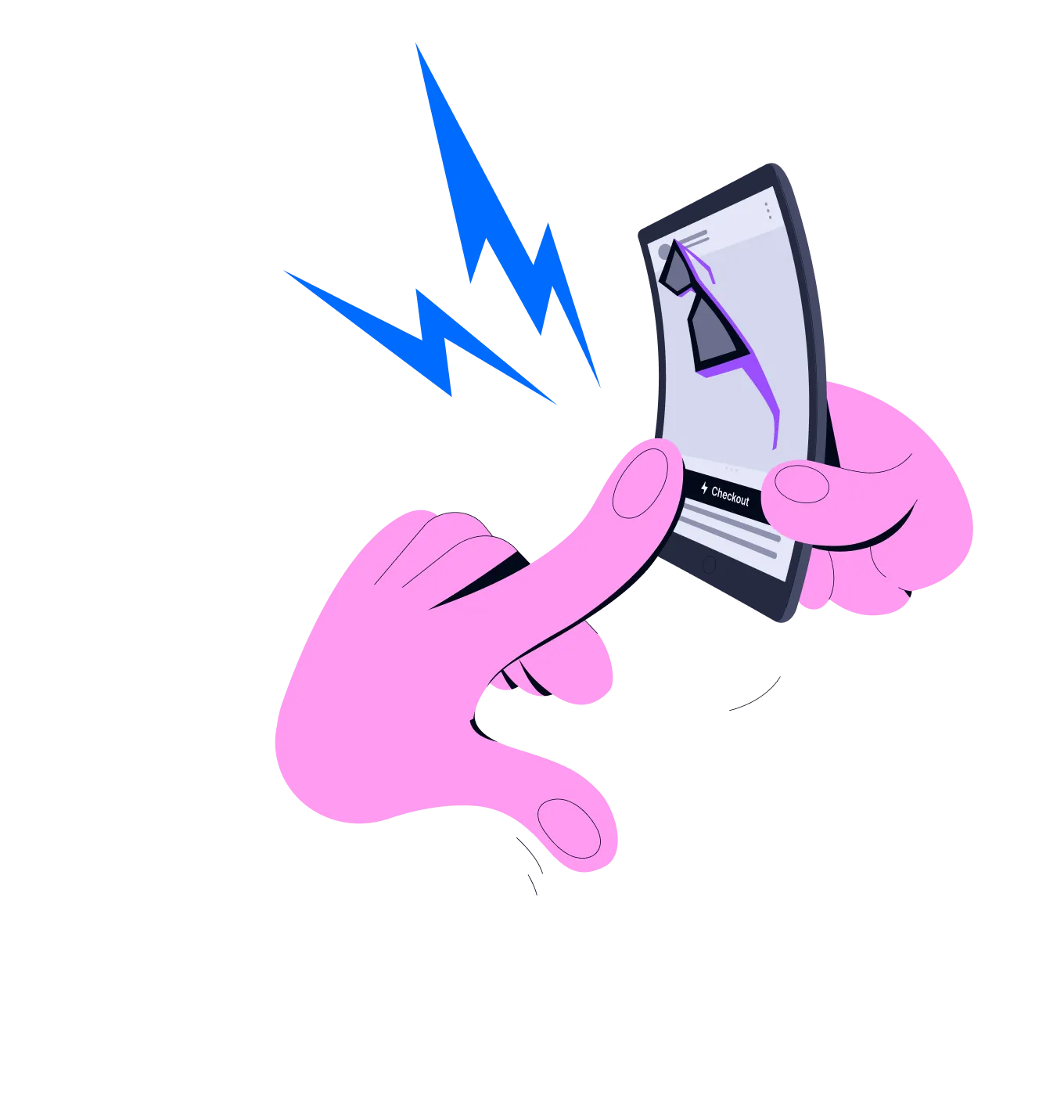 Illustration of hands about to tap the checkout button while purchasing purple sunglasses on a smartphone.