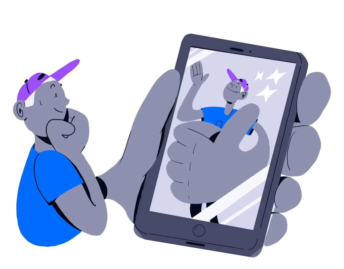 Illustration of a person seeing theirself on a giant phone screen.