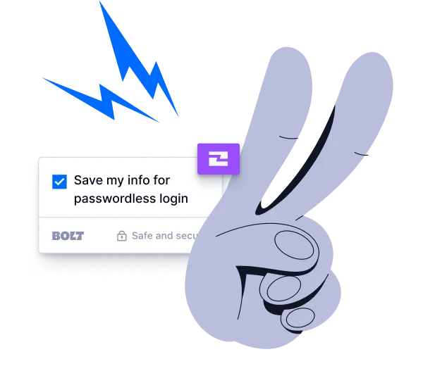 Illustration of a hand throwing a "peace and love" sign with Bolt's "save my info for passwordless login" checkout module on the side.