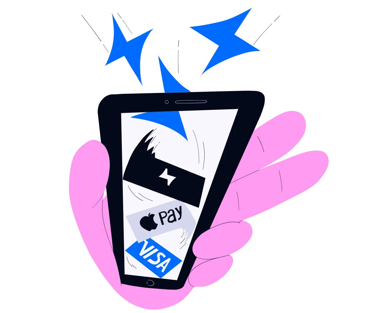 Illustration of a hand holding a smartphone with payment methods on the screen.