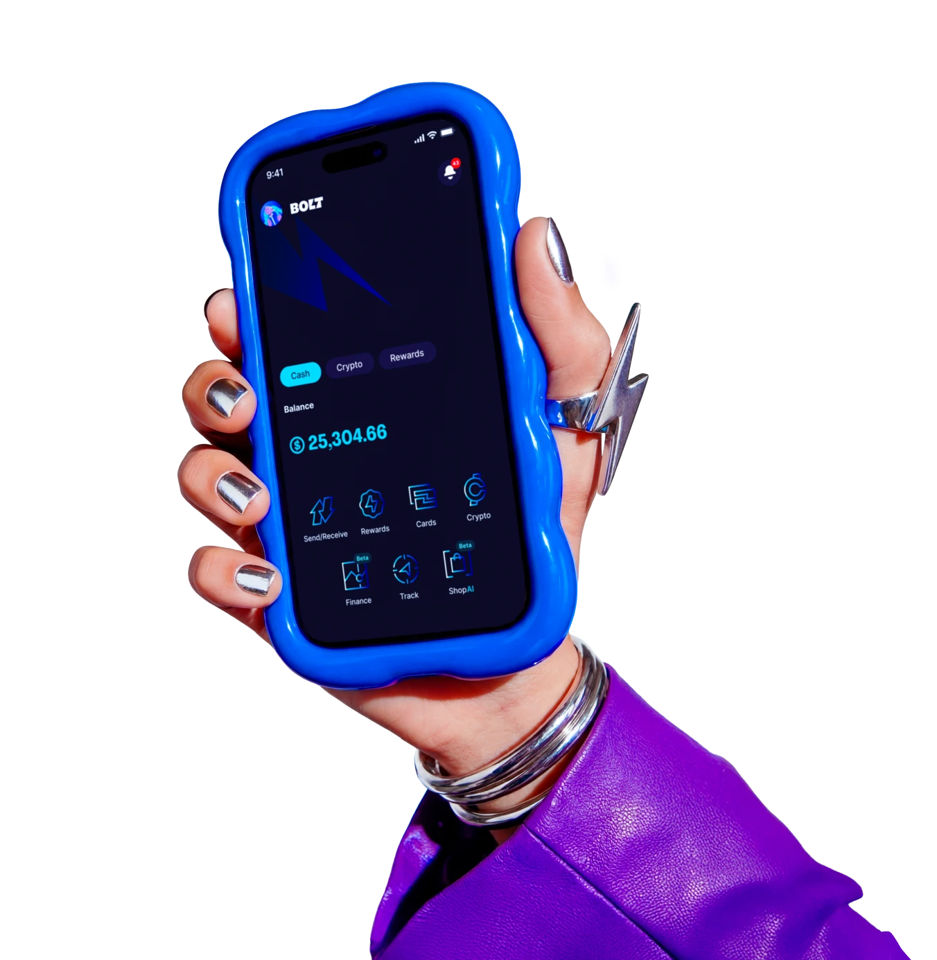 Hand of a person with painted nails in silver color holding a smartphone showcasing the Bolt SuperApp home screen.