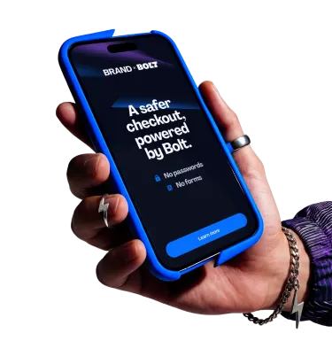 Male hand holding a phone with a Bolt collaborative marketing banner.