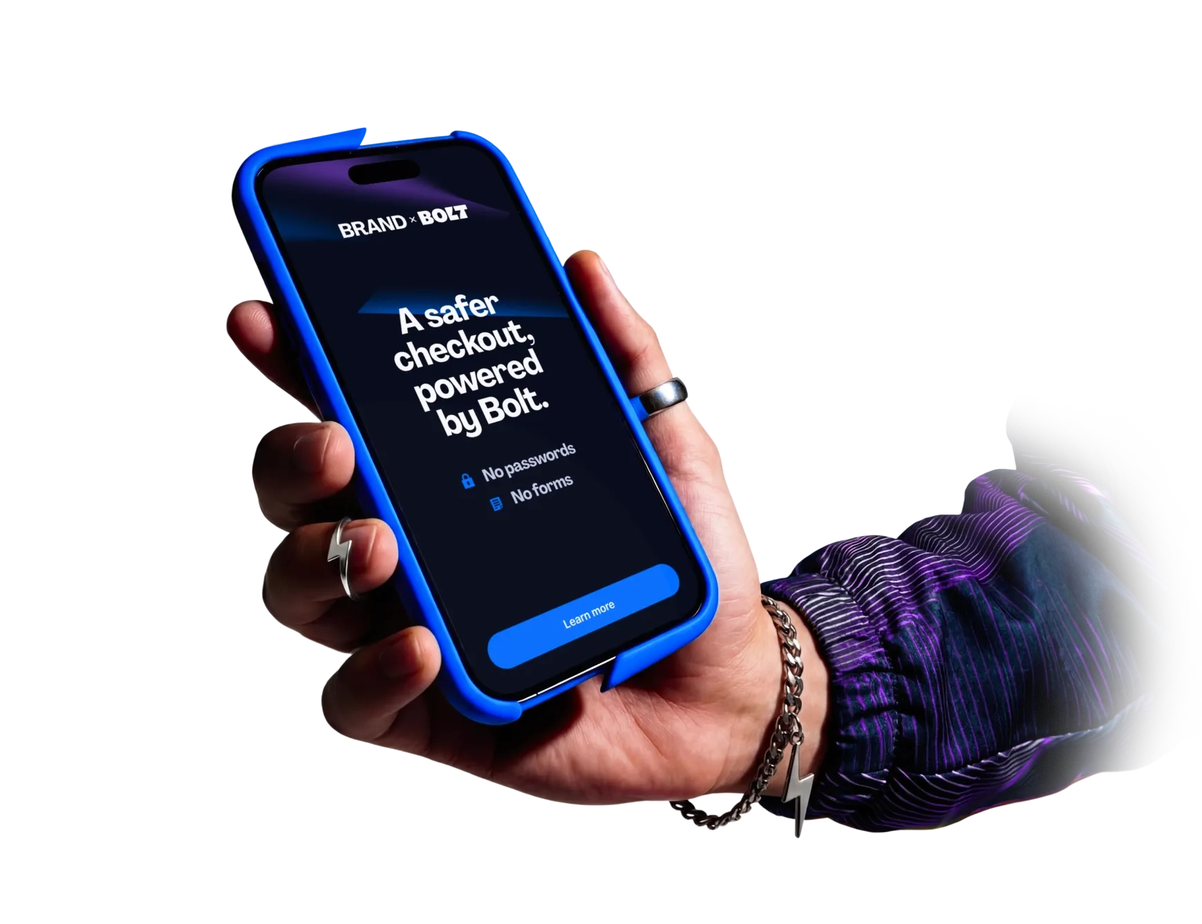 Male hand holding a phone with a Bolt collaborative marketing banner.