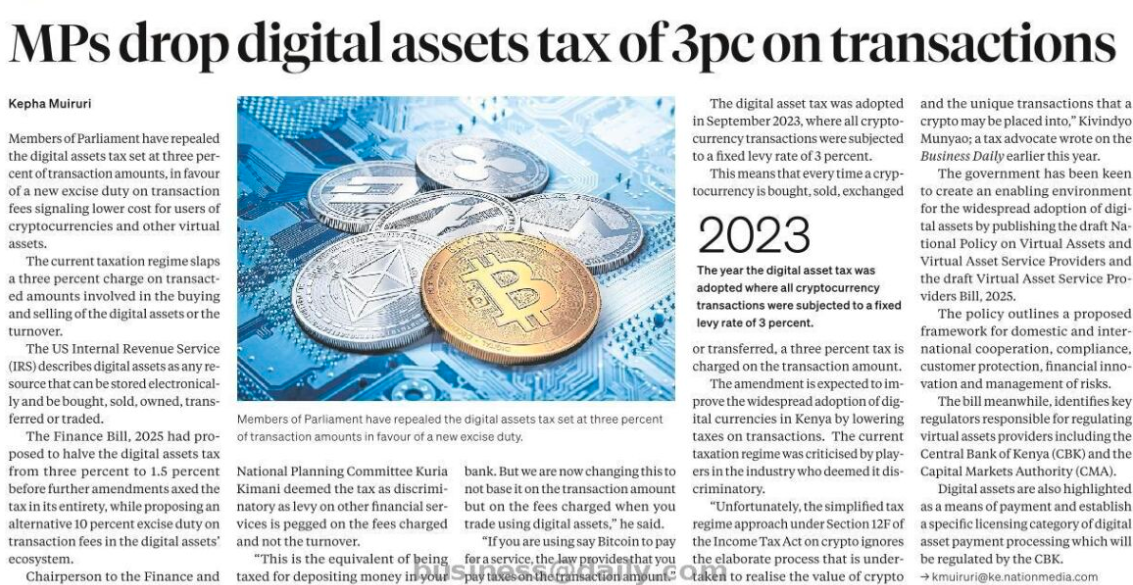 Kenya Scraps 3% Digital Asset Tax on Virtual Asset Transfers