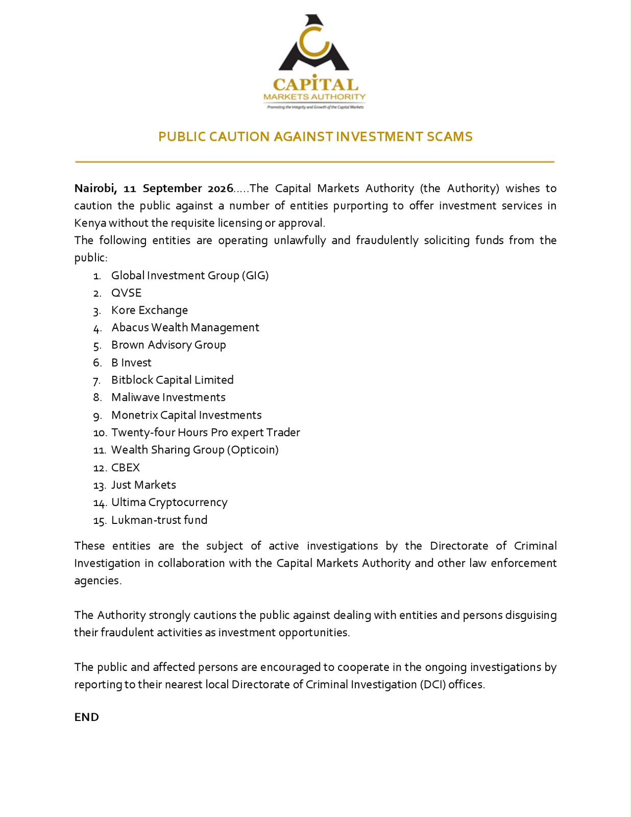 Kenya's Capital Markets Authority is cracking down on 15 unauthorized investment platforms actively soliciting public funds