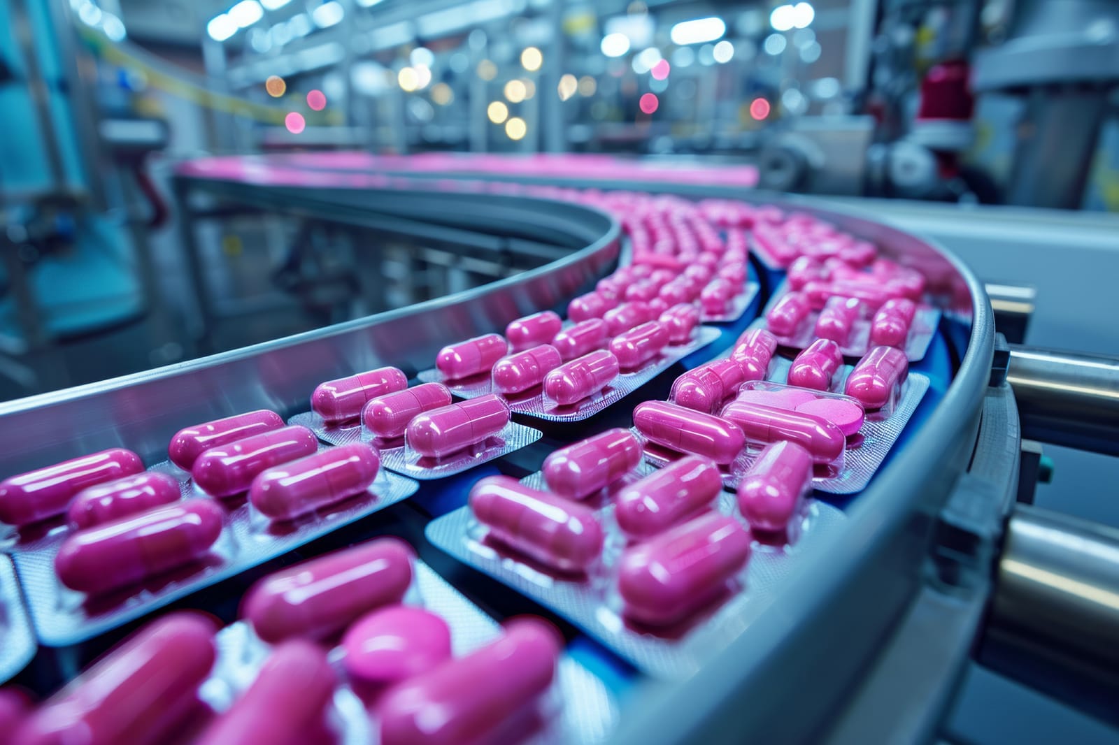 Close up of pink pharmaceutical pills on a factory conveyor belt