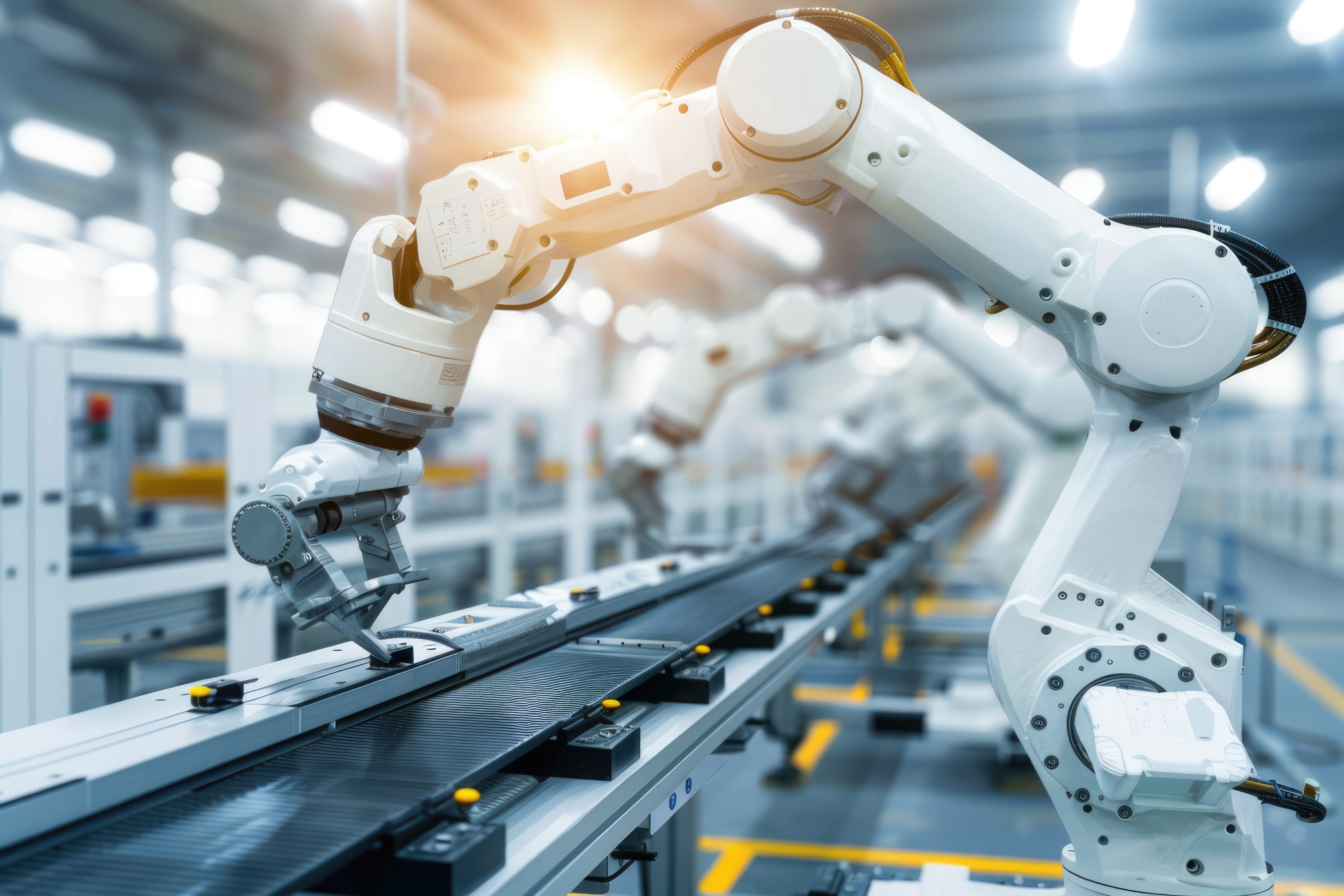 Robotic arms in action on a production workshop conveyor at a modern manufacturing plant