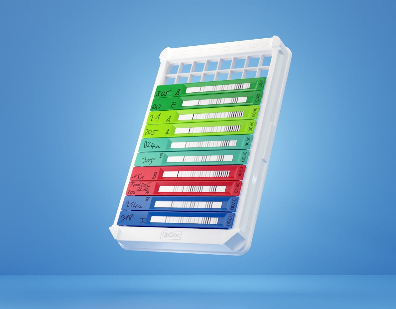 Digital rendering of a laboratory sample tray by Adrian & Company, depicted in a minimalistic and colorful design. The tray features a variety of labeled slots in a spectrum of green, yellow, red, and blue hues. This image is a part of an explainer video showcasing an animated alternative to paper manuals, emphasizing clean graphics and engaging animations to communicate information effectively.