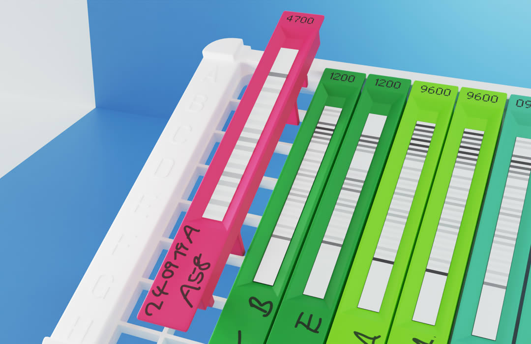 Close-up view of a white laboratory sample tray with detailed features in a 3D illustration. The tray's functionality is demonstrated for precise sample organization, as depicted in an Adrian & Company animated explainer video.