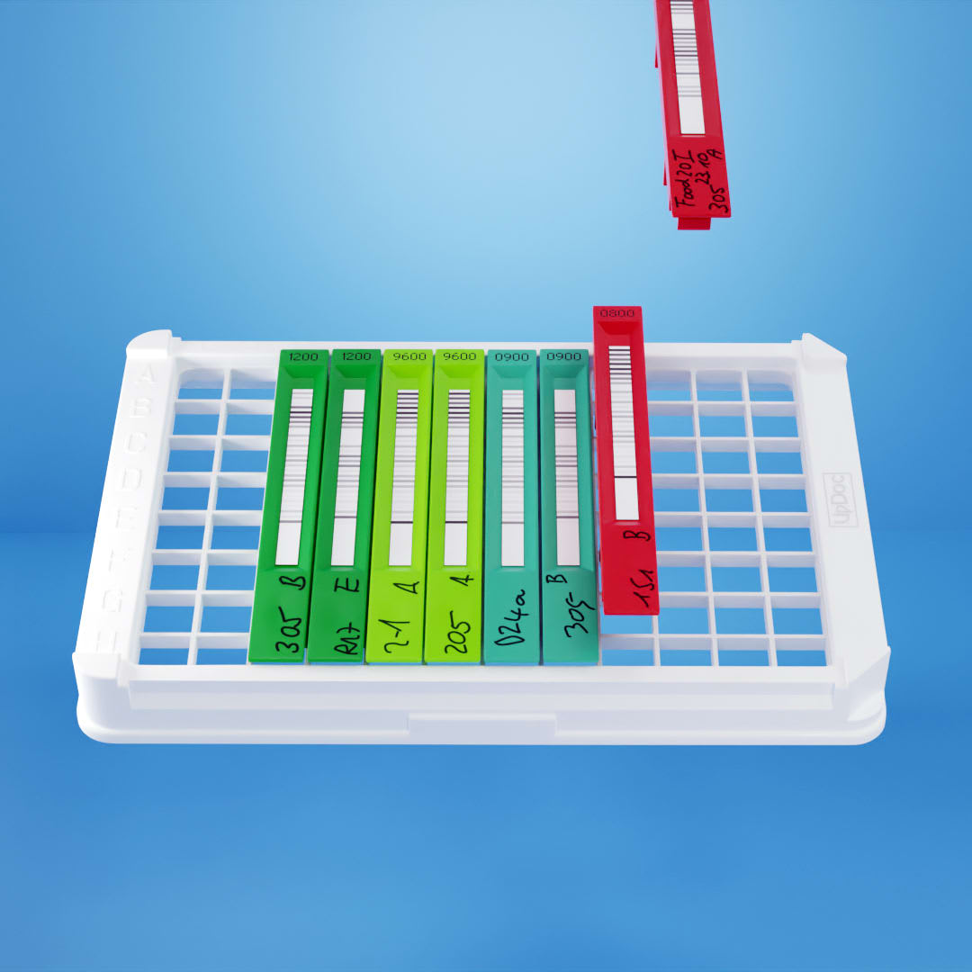 3D illustration of an overview of a white laboratory sample tray. The tray contains neatly organized green test tubes with numerical markings and red tags hanging off the side, indicating sample information. The bright blue background provides contrast, emphasizing the tray's features and the orderly arrangement of samples. This image is part of an Adrian & Company explainer video showcasing the product's design and use.