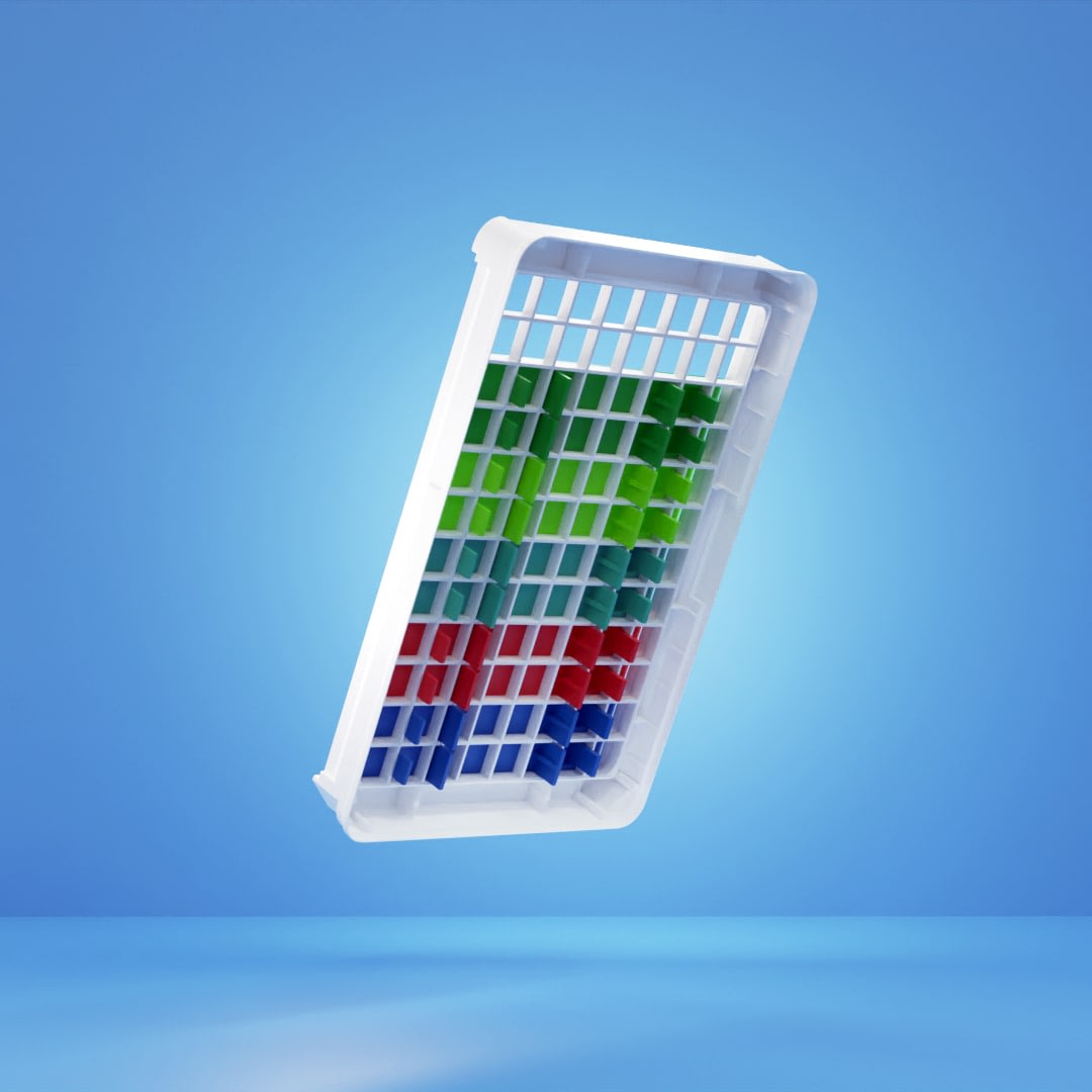 A 3D visualization of a tilted white laboratory sample tray against a blue gradient background. The tray is filled with vibrant red, green, and blue test tube samples, arranged in an organized grid pattern, showcasing the product's design for clear and systematic sample management as featured in Adrian & Company's animated explainer video.