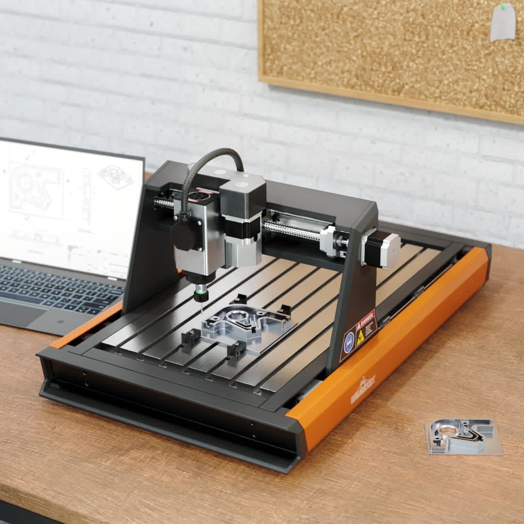 Adrian & Company's 3D animation still of a virtual CNC machine prototype, set in a modeled workshop environment, highlighting their skill in animating and presenting industrial designs.