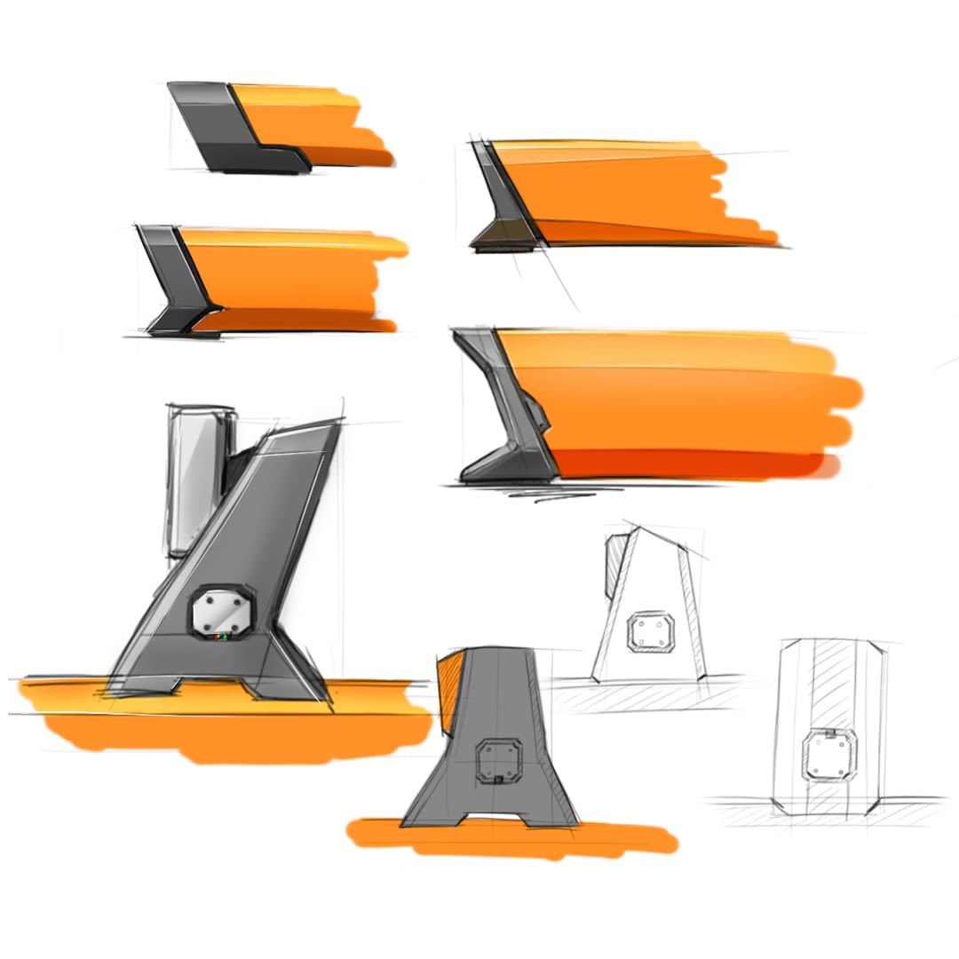 This series of sketches offers a glimpse into the design progression, highlighting the sleek, angular form of the machine. Each iteration is rendered with a fluidity that suggests motion, while the stark contrast of orange and gray tones adds a bold, energetic feel to the concept.