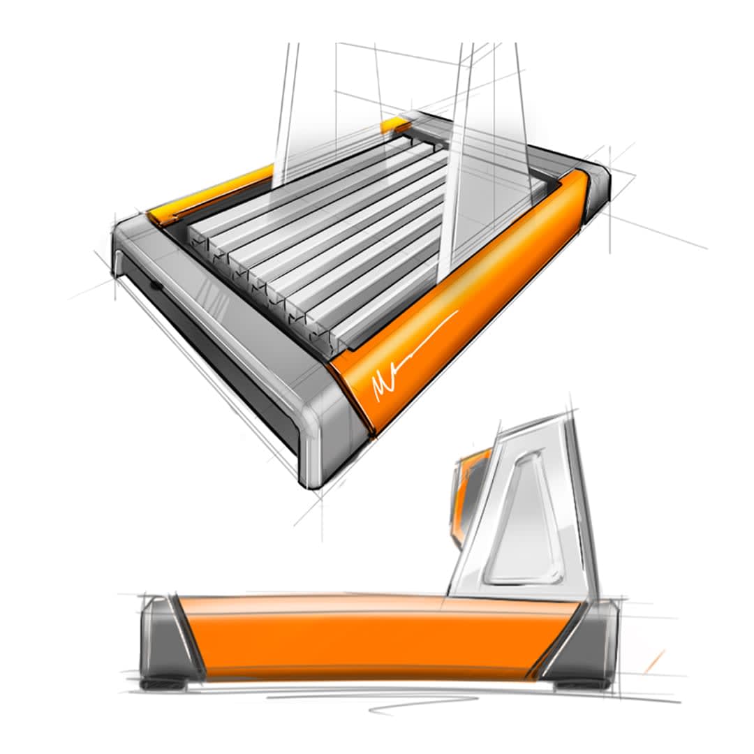 This sketch reveals the initial conceptual design phase, showcasing a dynamic interplay of sharp lines and vibrant orange highlights. The illustration captures the essence of the creative process, with annotations and perspective grids guiding the form's evolution.