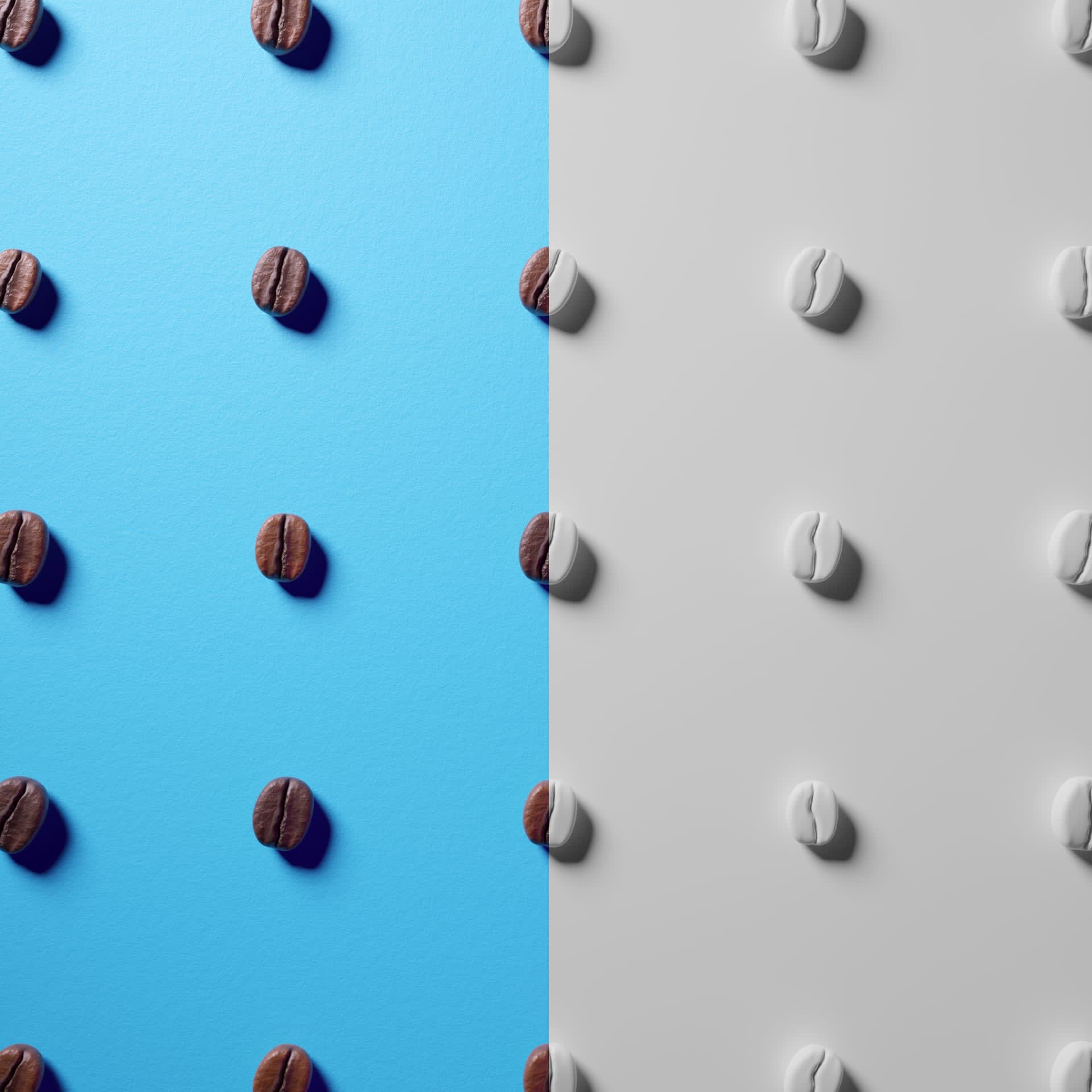 Graphic image showing a split background with one half in blue and the other in grey, both sides decorated with a pattern of coffee beans, symbolizing the 3D modelling process as used by Adrian & Company.