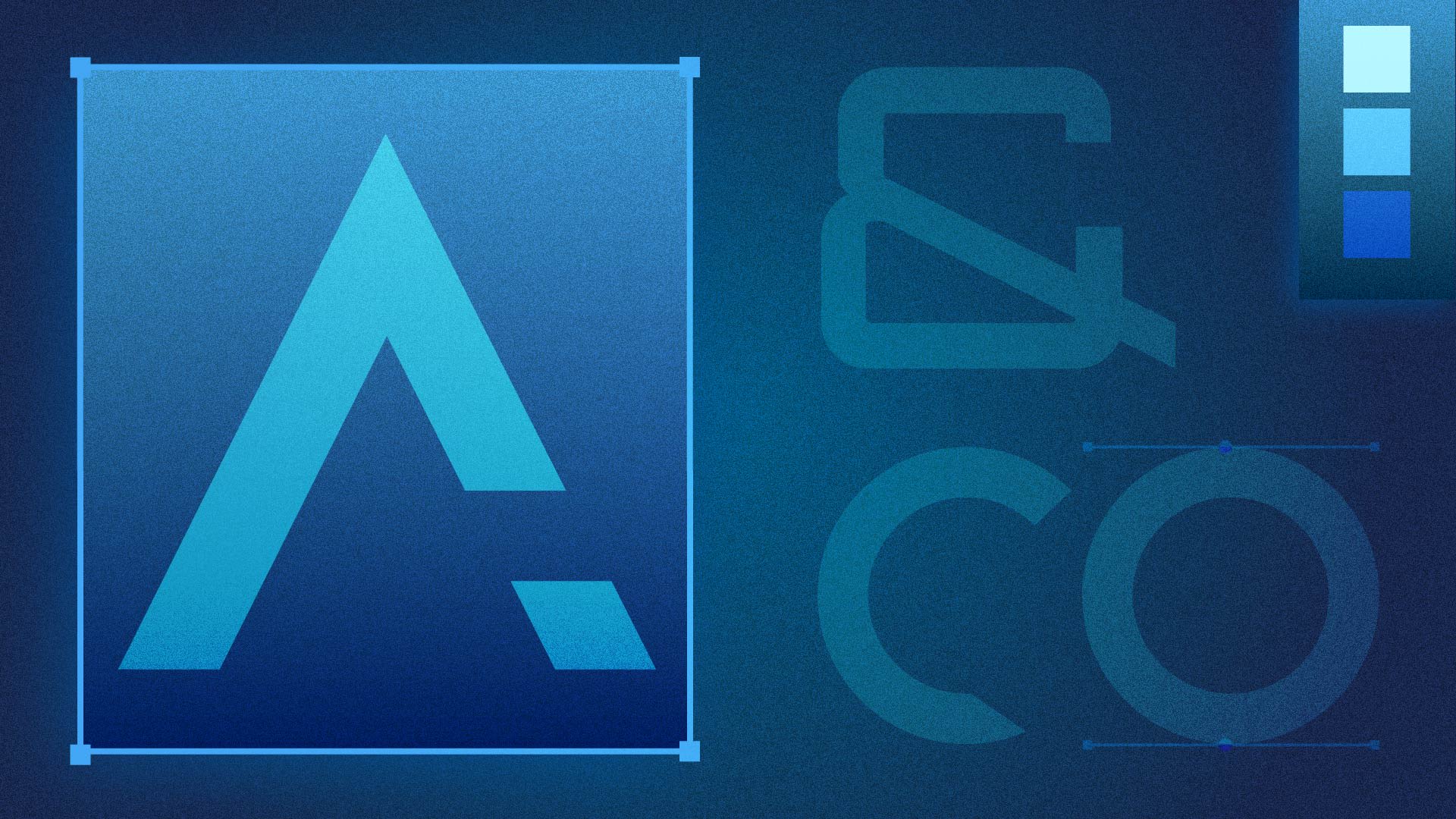 Stylized graphic design featuring the letter 'A' in a blue gradient with measurement lines indicating design dimensions, alongside '& CO' in a larger, darkened overlay, representing Adrian & Company's focus on precision and graphic design, corresponding with their Graphic Designer internship opportunity.