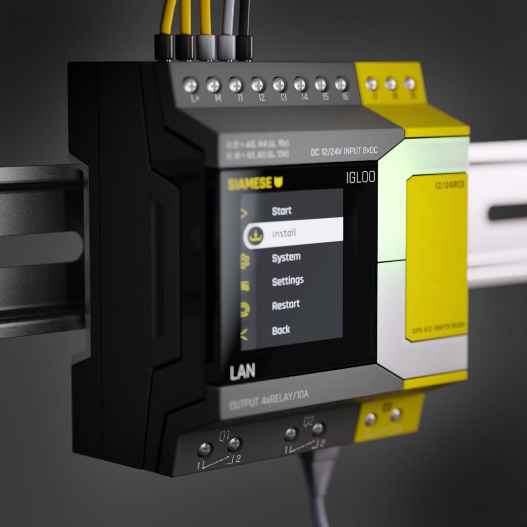 3D render of a conceptual 'Siamese PLC' industrial controller with an integrated touch screen interface, LED status indicators, and labeled connection ports.