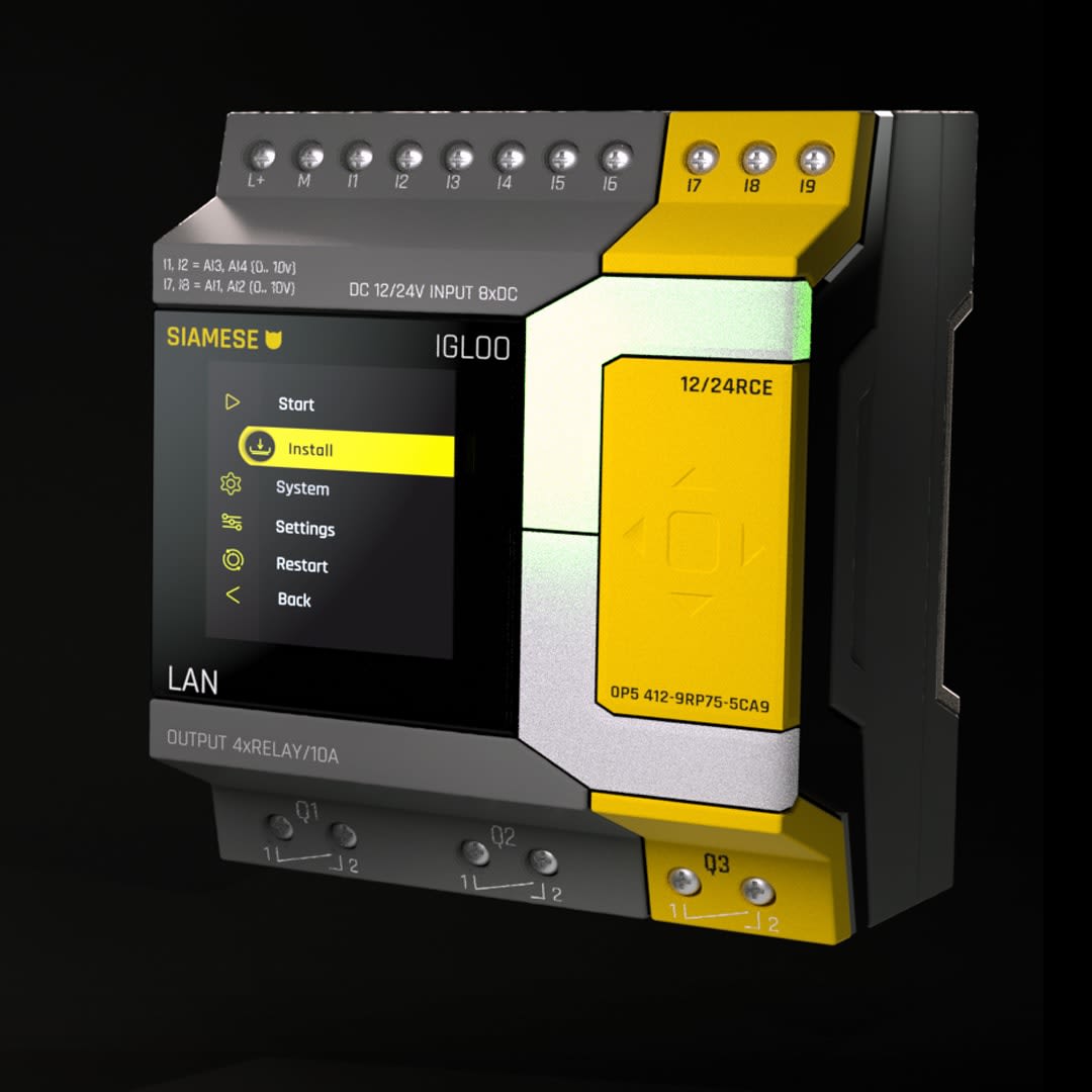 Close-up view of a modern, industrial Programmable Logic Controller (PLC) named 'SIAMESE IGLOO'. The PLC is encased in a sleek black and vibrant yellow housing, indicating robust design suitable for industrial environments.