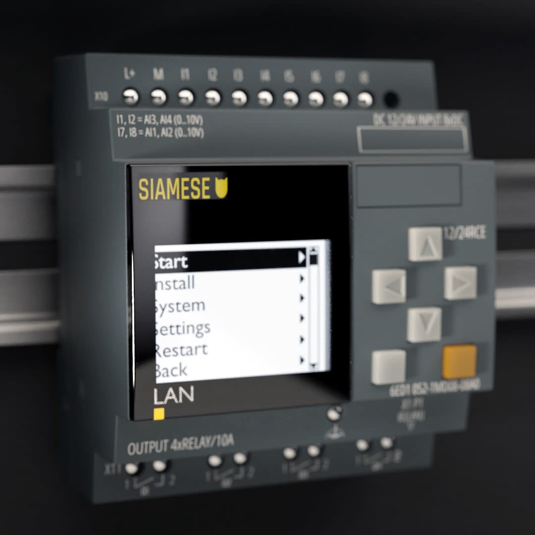 Close-up view of the 'Siamese PLC' industrial control device showing the touchscreen display with menu options for Start, Install, System, Settings, and Restart.