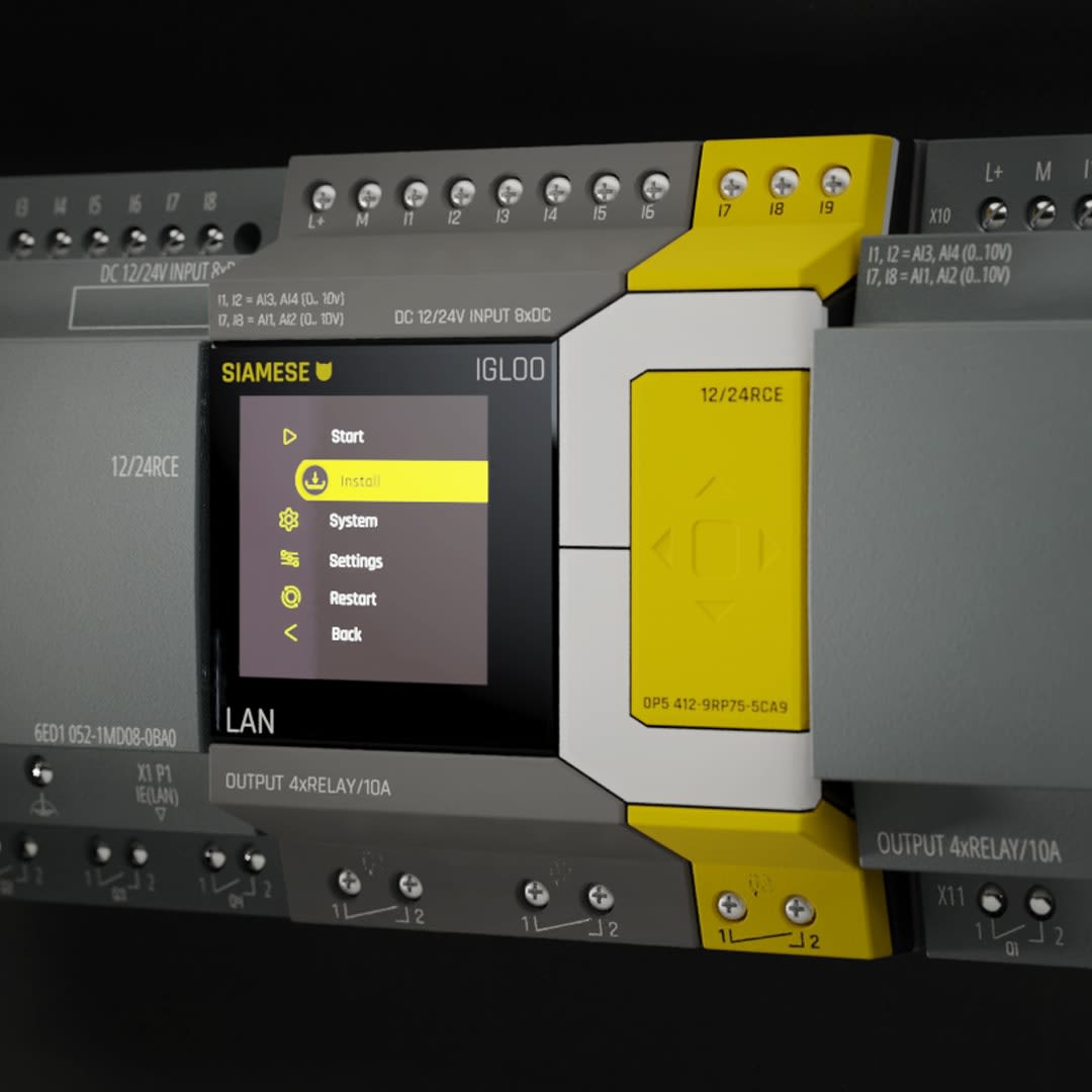 A 3D render of a sleek, modern Programmable Logic Controller (PLC) for industrial use. The PLC is showcased with a robust grey and yellow casing, emphasizing its sturdy design. The visible interface screen displays a user-friendly menu with options such as Start, Install, System, Settings, and Restart.