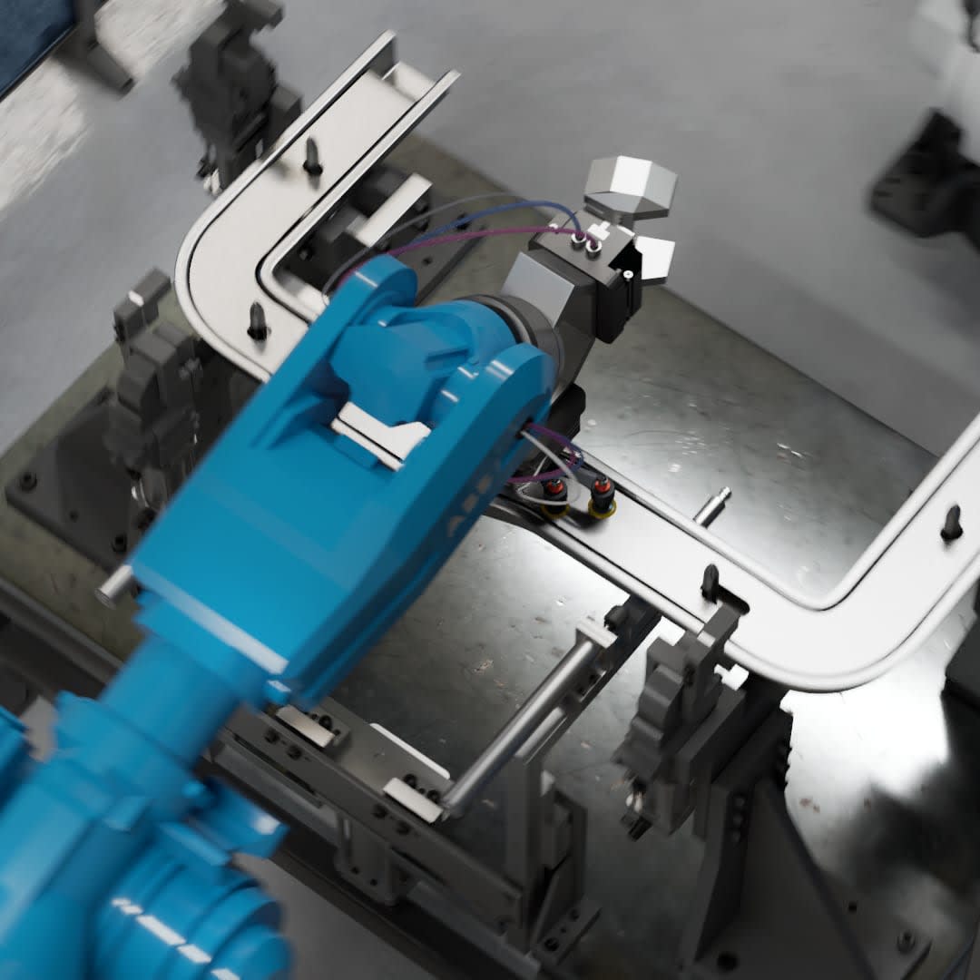 3D rendering of a blue robotic arm in a simulated welding automation process, showcasing precise equipment movements with cables and weld points, exemplifying Adrian & Company's design and animation expertise.