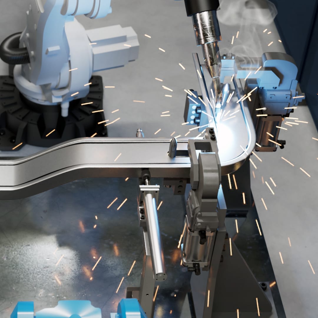 Close-up of a blue robotic welding arm in action, creating bright sparks as it welds a curved metal component on an assembly line.