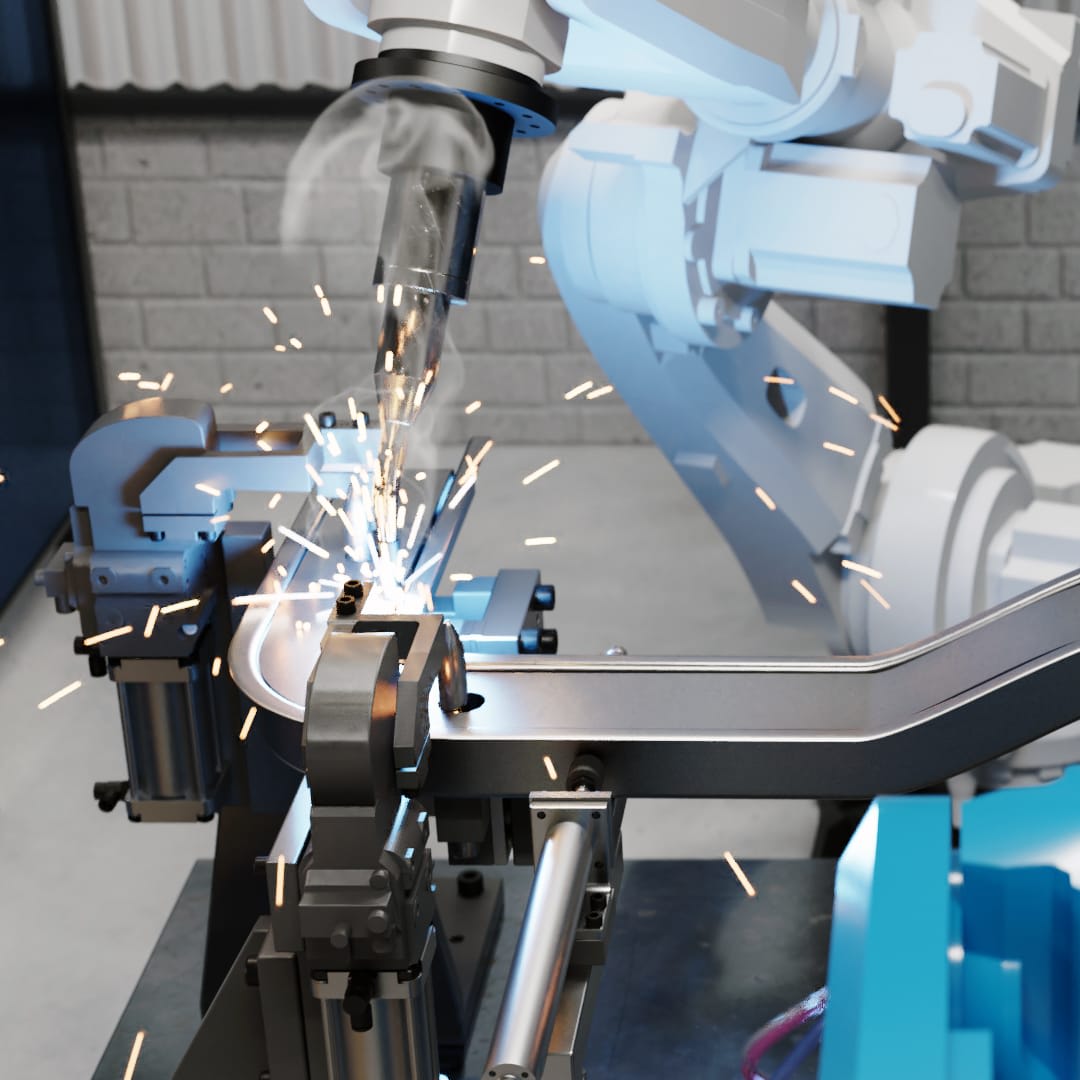 Dynamic image of a robotic arm performing welding on a metal part, with a focus on the welding nozzle and the resulting shower of sparks.