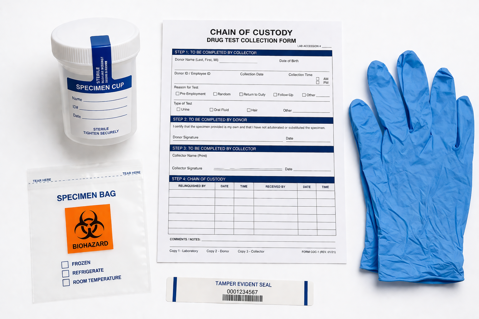 Laboratory specialist in professional attire handling drug test samples in a clean certified collection facility.