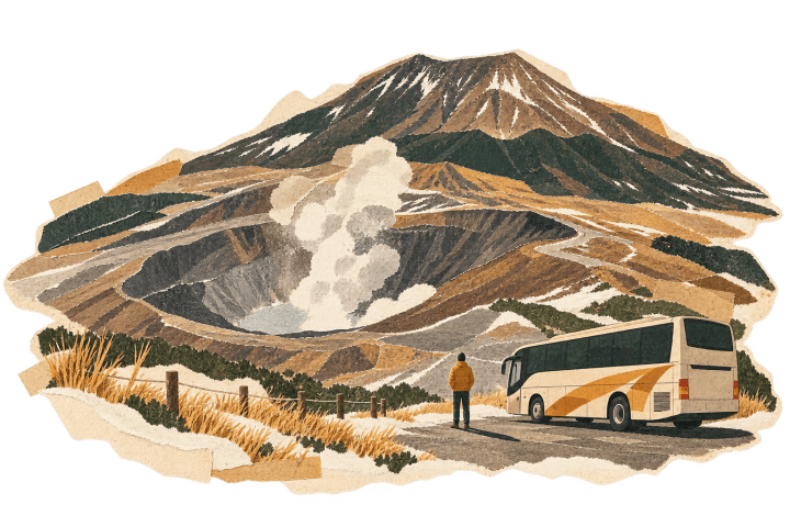 阿苏火山前穿着单薄长裤的男性旅人与一辆大巴车