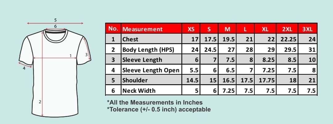 Mumbai Ganesh Chaturthi T-Shirt Size Chart