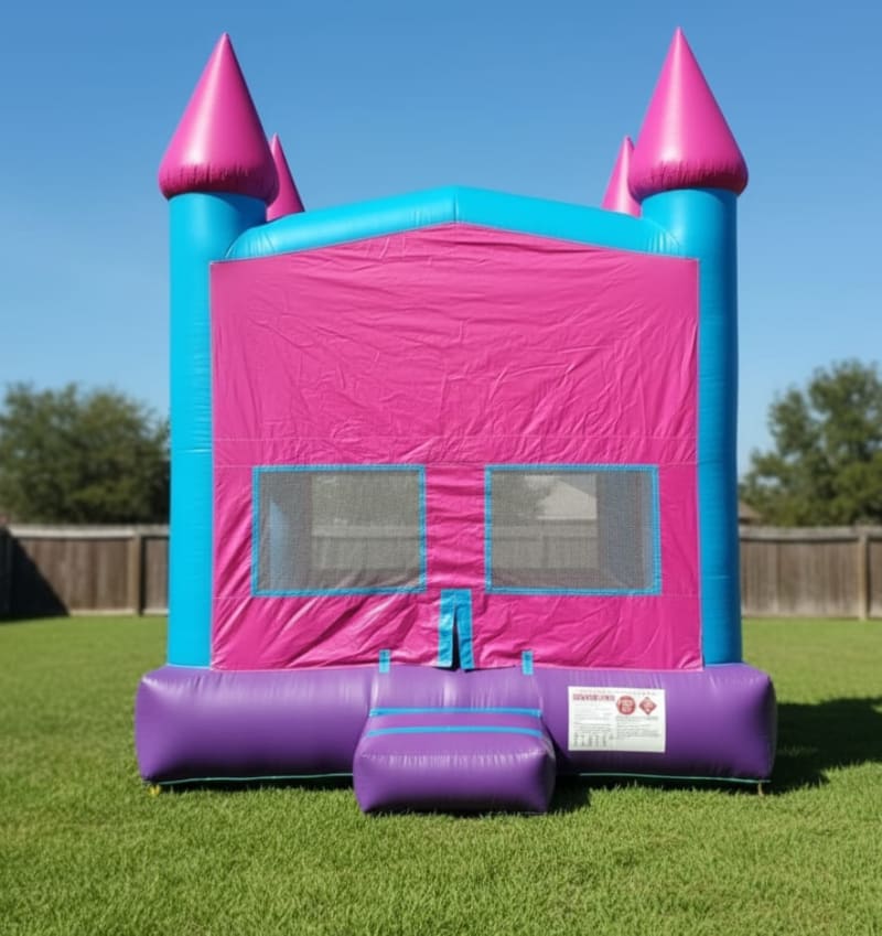 Pink & Blue Bounce House - Custom Artwork Theme + Table & 8 Chairs