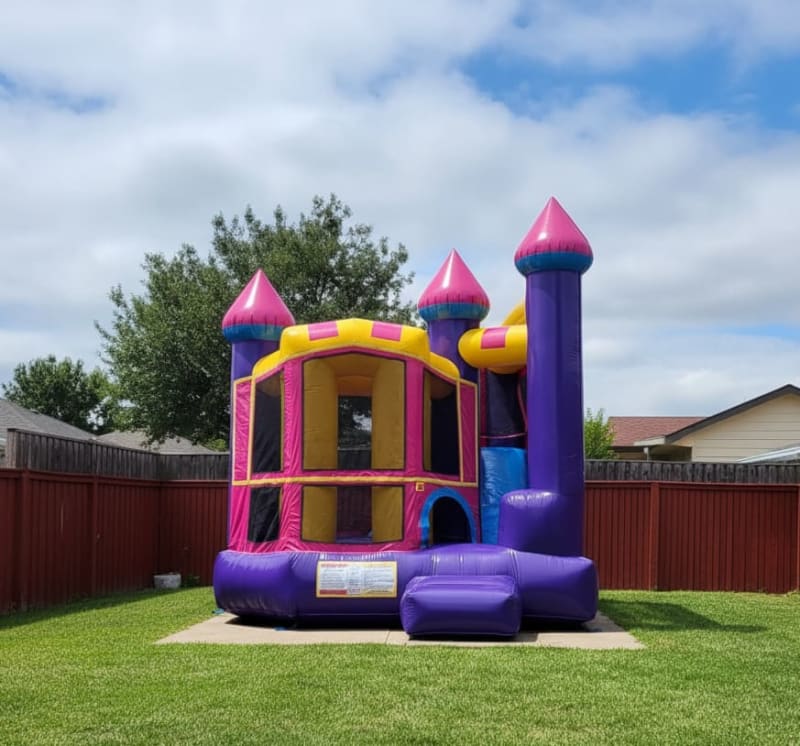 Purple Yellow Combo Bouncer - Custom Art Banner + Table & 8 Chairs