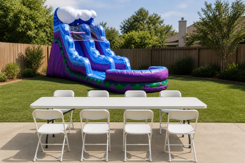16' Purple Wave Inflatable Slide w/ Water Option + Table & 8 Chairs