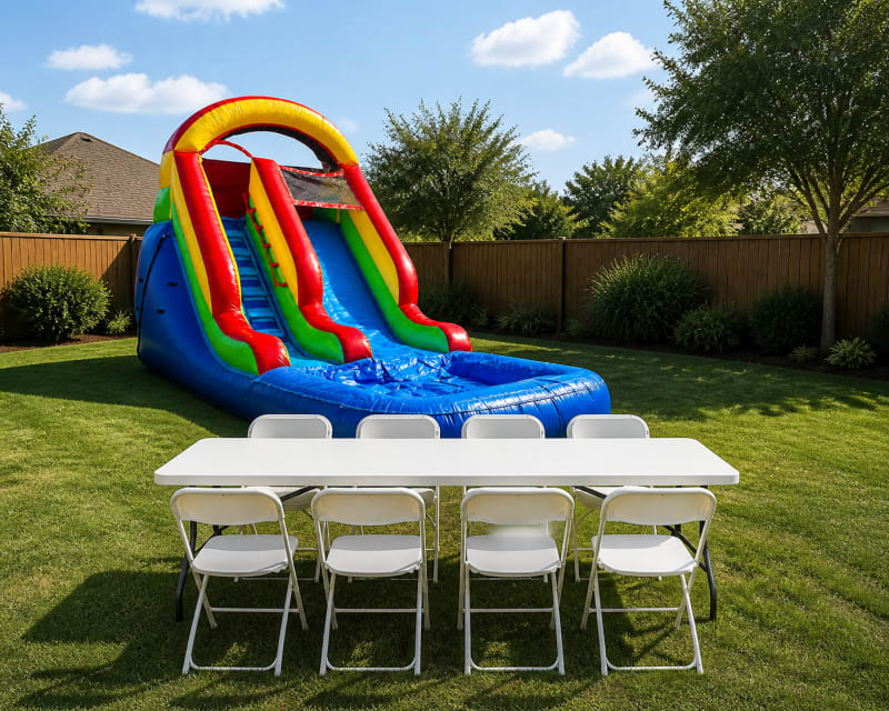 Multicolor Inflatable Slide + Table & 8 Chairs