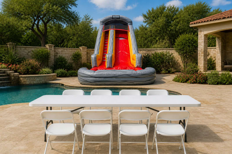 Red Volcano Slide + Table & 8 Chairs