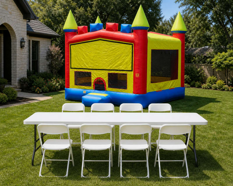 Crown Jumbo 15' X 15' Bouncer + Table & 8 Chairs