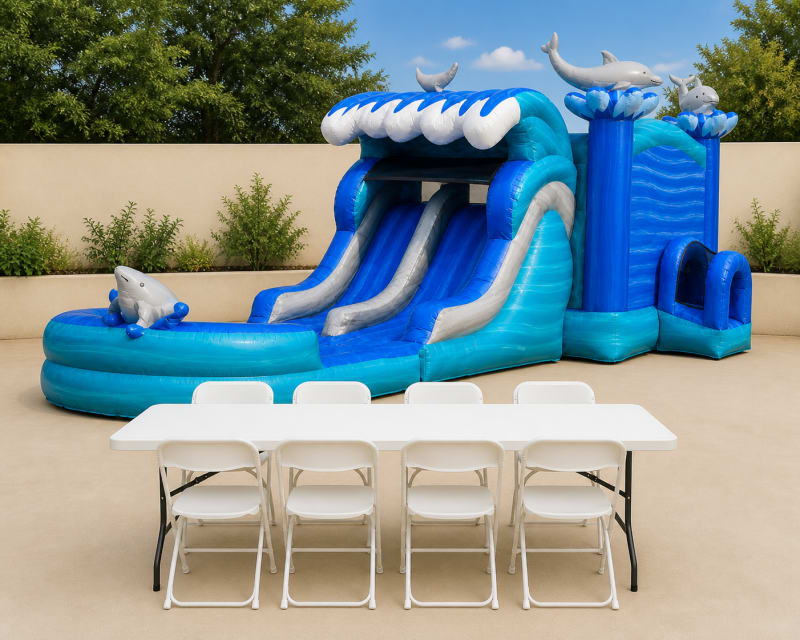 A XL Dolphin Double Lane WET OR DRY Slide & Bounce Combo + Table & 8 Chairs