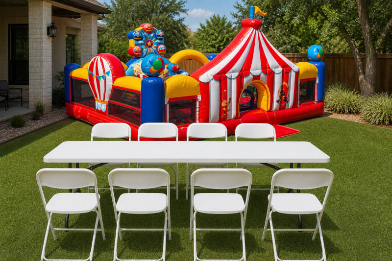 Toddler Carnival Bounce & Slide Combo + Table & 8 Chairs