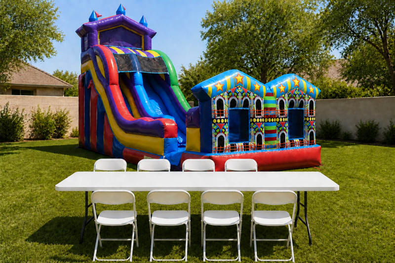 22' Super Fun Inflatable Slide w/ Water Option + Table & 8 Chairs
