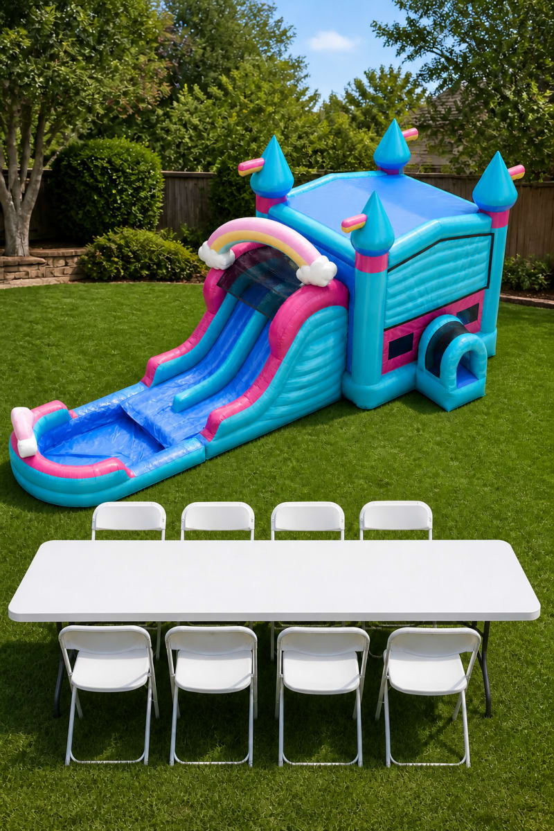 A XL Pastel Rainbow Double Lane WET OR DRY Slide & Bounce Combo + Table & 8 Chairs