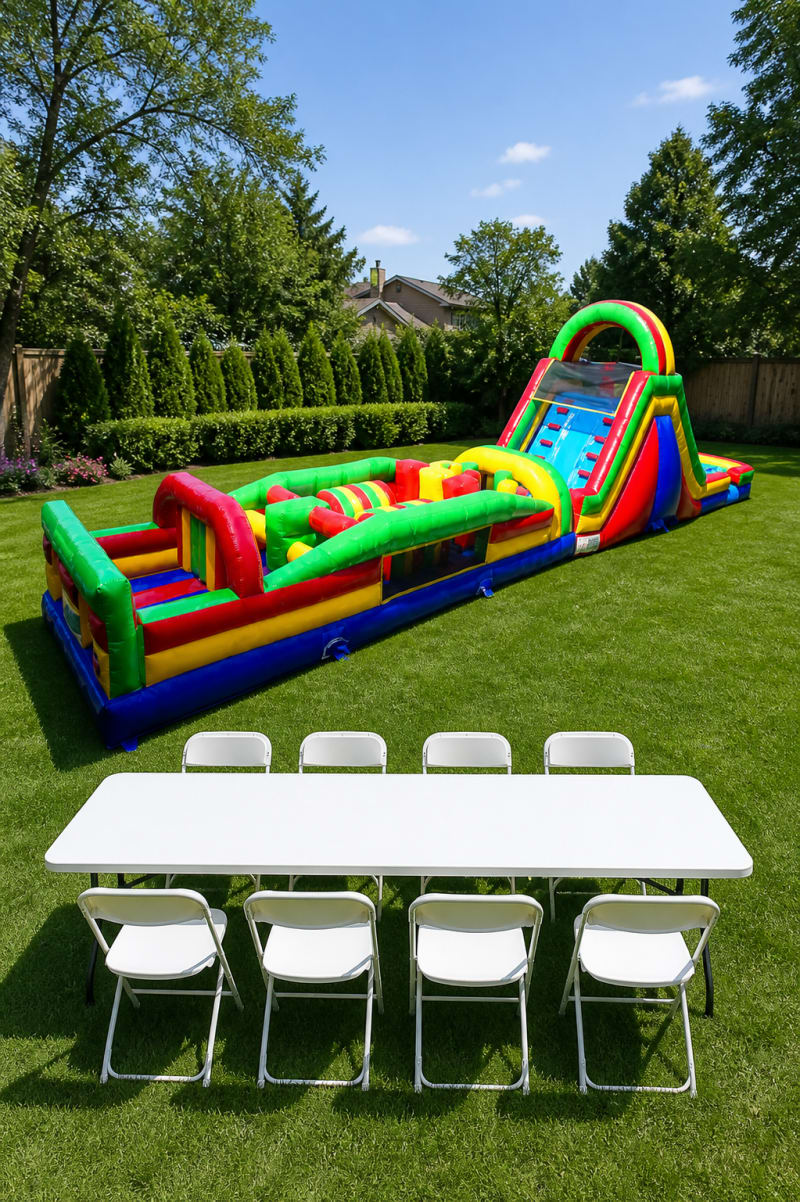 65’ Double Lane Slide Rock Wall Obstacle Course WET OR DRY + Table & 8 Chairs