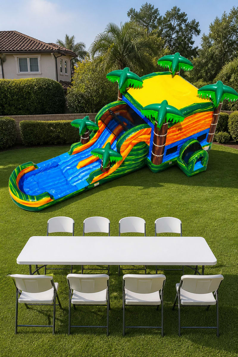 A XL Cali Palms Double Lane Slide & Bounce Combo + Table & 8 Chairs