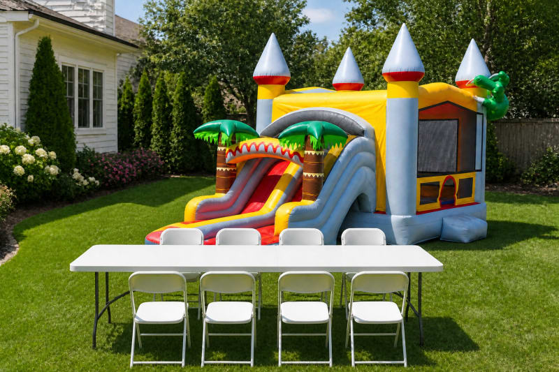 Double Lane Raptor Slide & Bounce Combo + Table & 8 Chairs