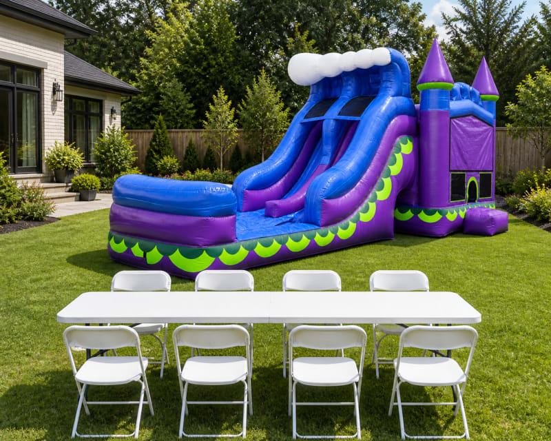 A XXL Purple Wave Double Lane Slide & Bounce Combo + Table & 8 Chairs