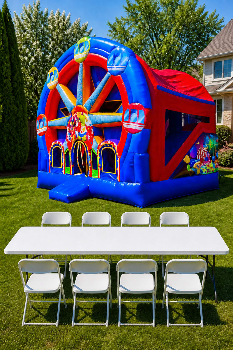 A XL Ferris Wheel Carnival Bounce House & DRY Slide Combo + Table & 8 Chairs
