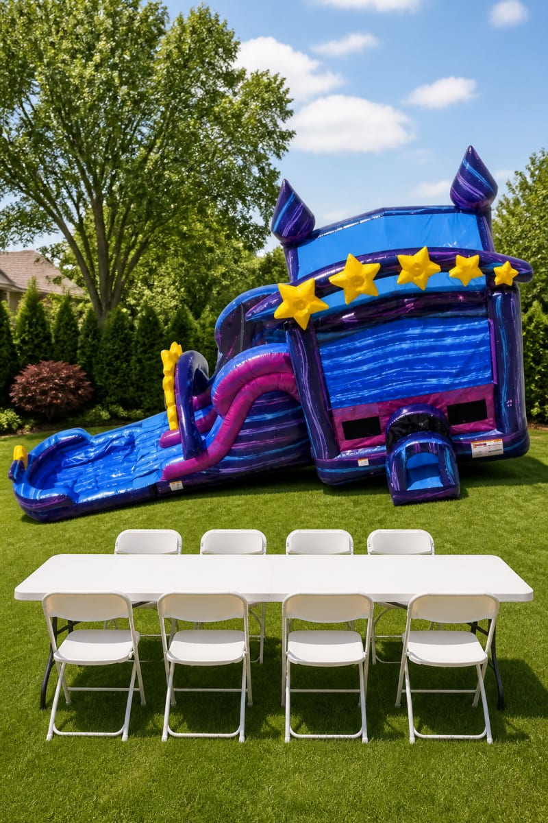 A XL Galaxy Double Lane Slide & Bounce House Combo + Table & 8 Chairs