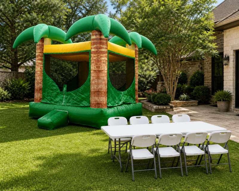 Palm Tree 15' X 15' Bounce House + Table & 8 Chairs